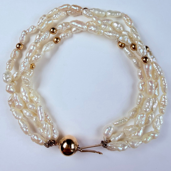 14K Solid Yellow Gold & Freshwater Keisha Pearl Multi Strand Vintage Bracelet